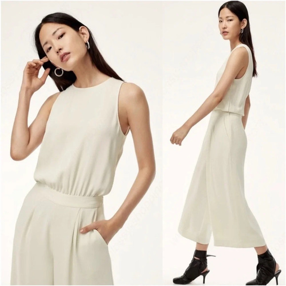 Aritzia Babaton Belmondo Jumpsuit Silvertip Sleeveless crew neck ivory size 00 - Picture 2 of 12